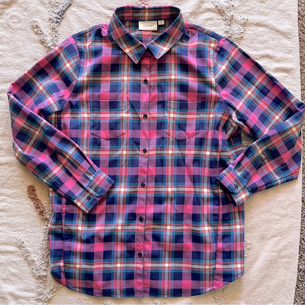National Supply Pink Blue Plaid Shacket Button front Shirt pockets XL